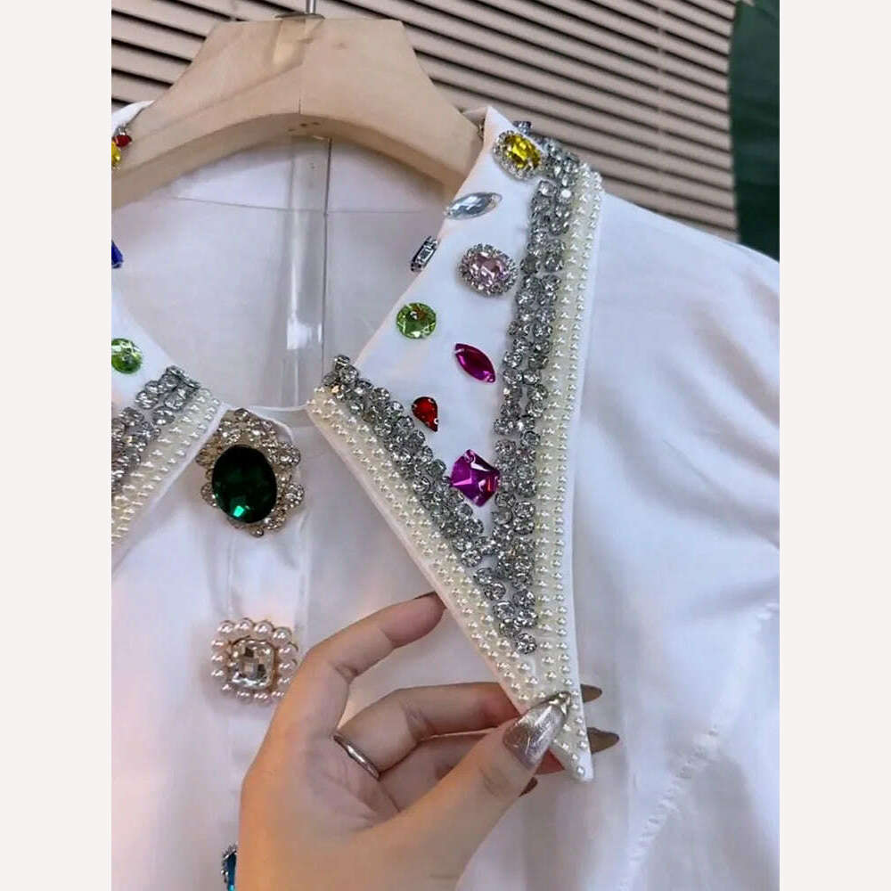 Blingbling Diamonds Embroidery Cotton Blouses Shirts For Women's Autumn Spring Long Sleeve Black White Blouse Tops Free Shipping - KIMLUD