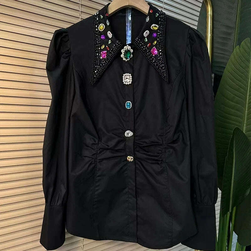 Blingbling Diamonds Embroidery Cotton Blouses Shirts For Women's Autumn Spring Long Sleeve Black White Blouse Tops Free Shipping - KIMLUD