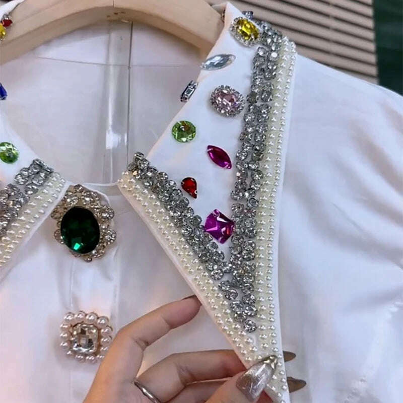 Blingbling Diamonds Embroidery Cotton Blouses Shirts For Women's Autumn Spring Long Sleeve Black White Blouse Tops Free Shipping - KIMLUD