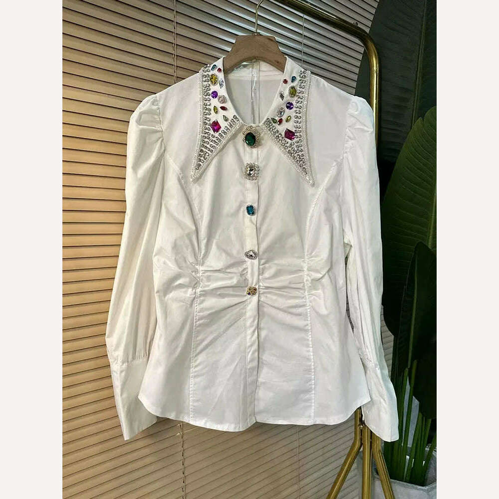 Blingbling Diamonds Embroidery Cotton Blouses Shirts For Women's Autumn Spring Long Sleeve Black White Blouse Tops Free Shipping - KIMLUD