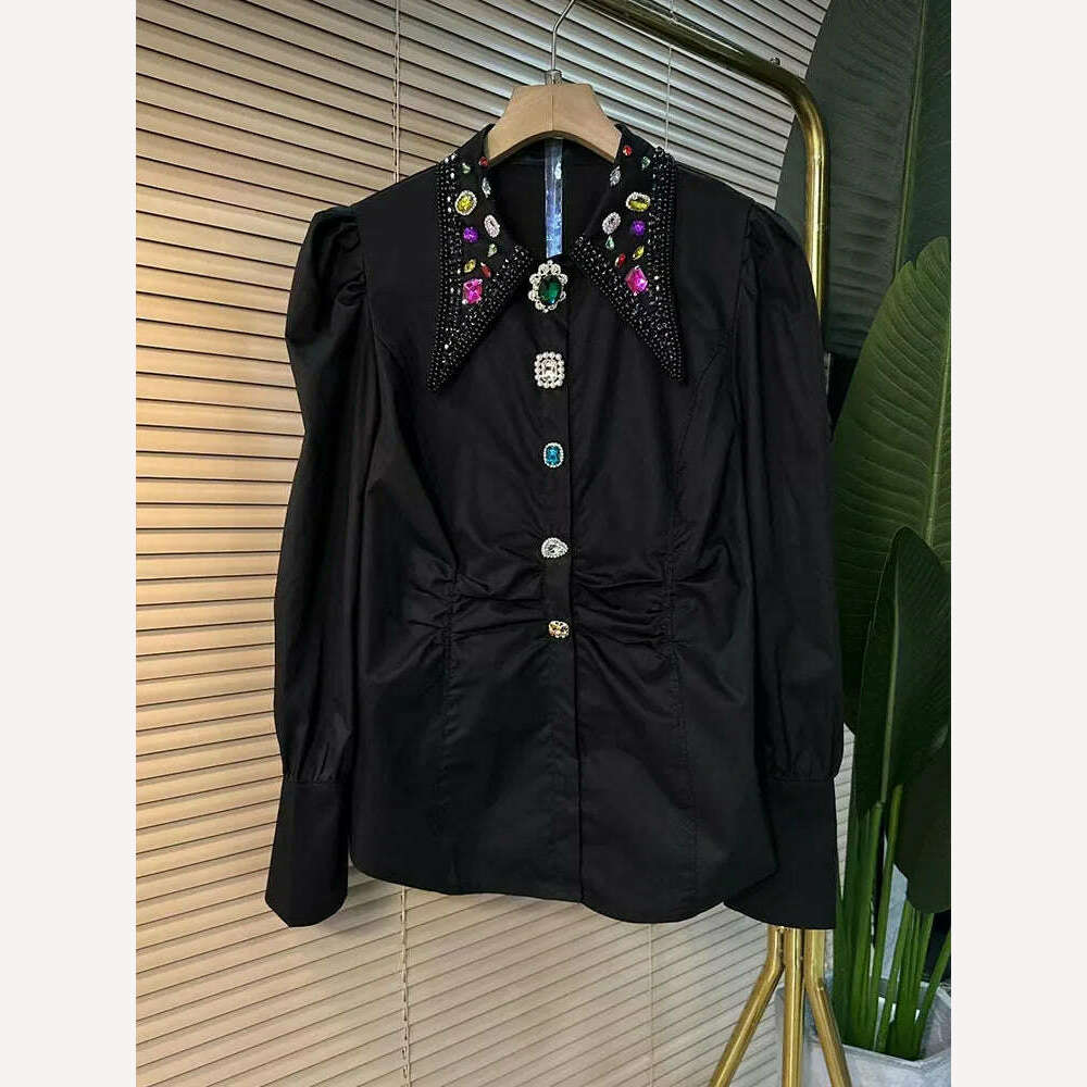 Blingbling Diamonds Embroidery Cotton Blouses Shirts For Women's Autumn Spring Long Sleeve Black White Blouse Tops Free Shipping - KIMLUD