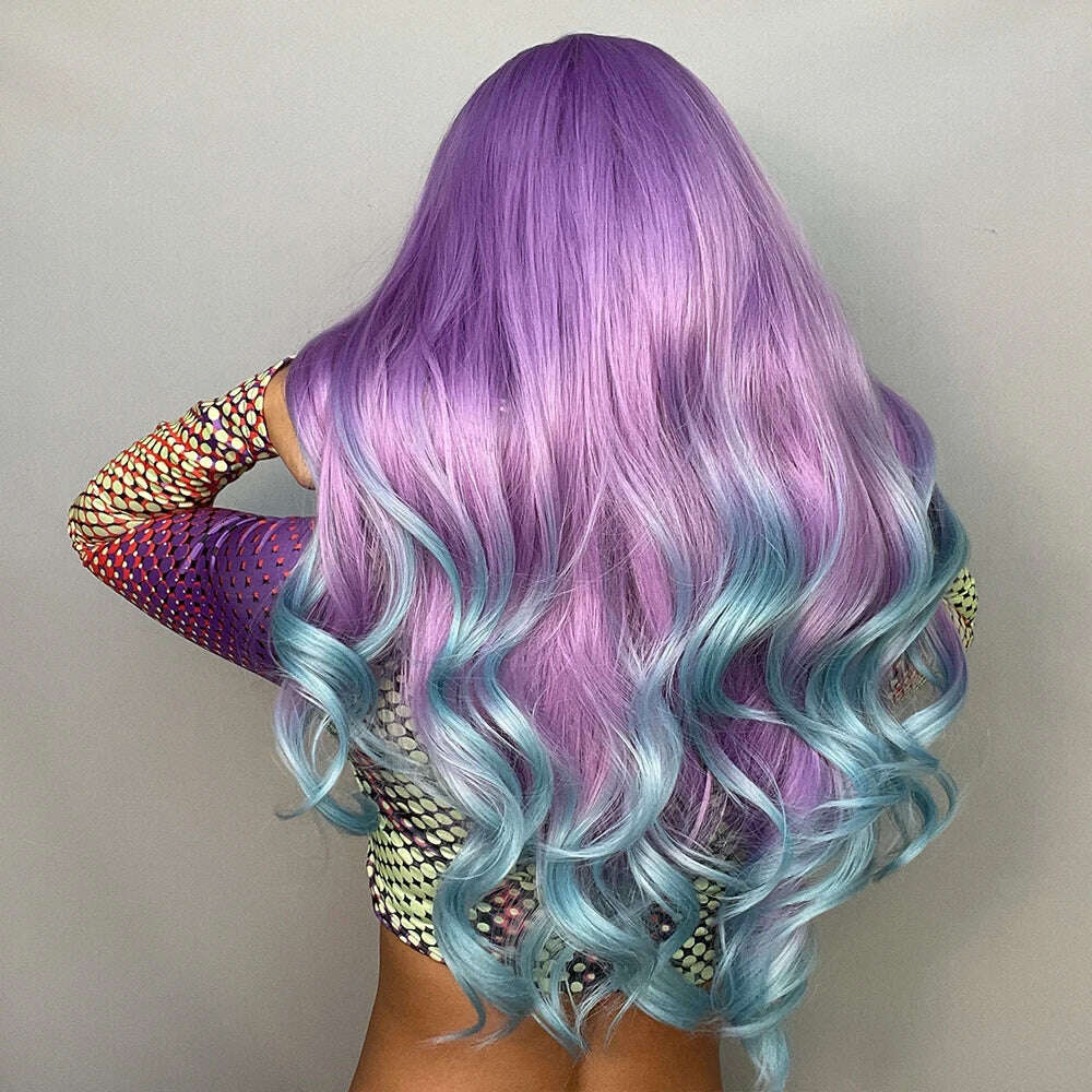Blonde Unicorn Synthetic Long Wavy Wig Ombre Purple to Blue For WOMEN Cosplay halloween Wigs Heat Resistant Fiber Bangs Hair - KIMLUD