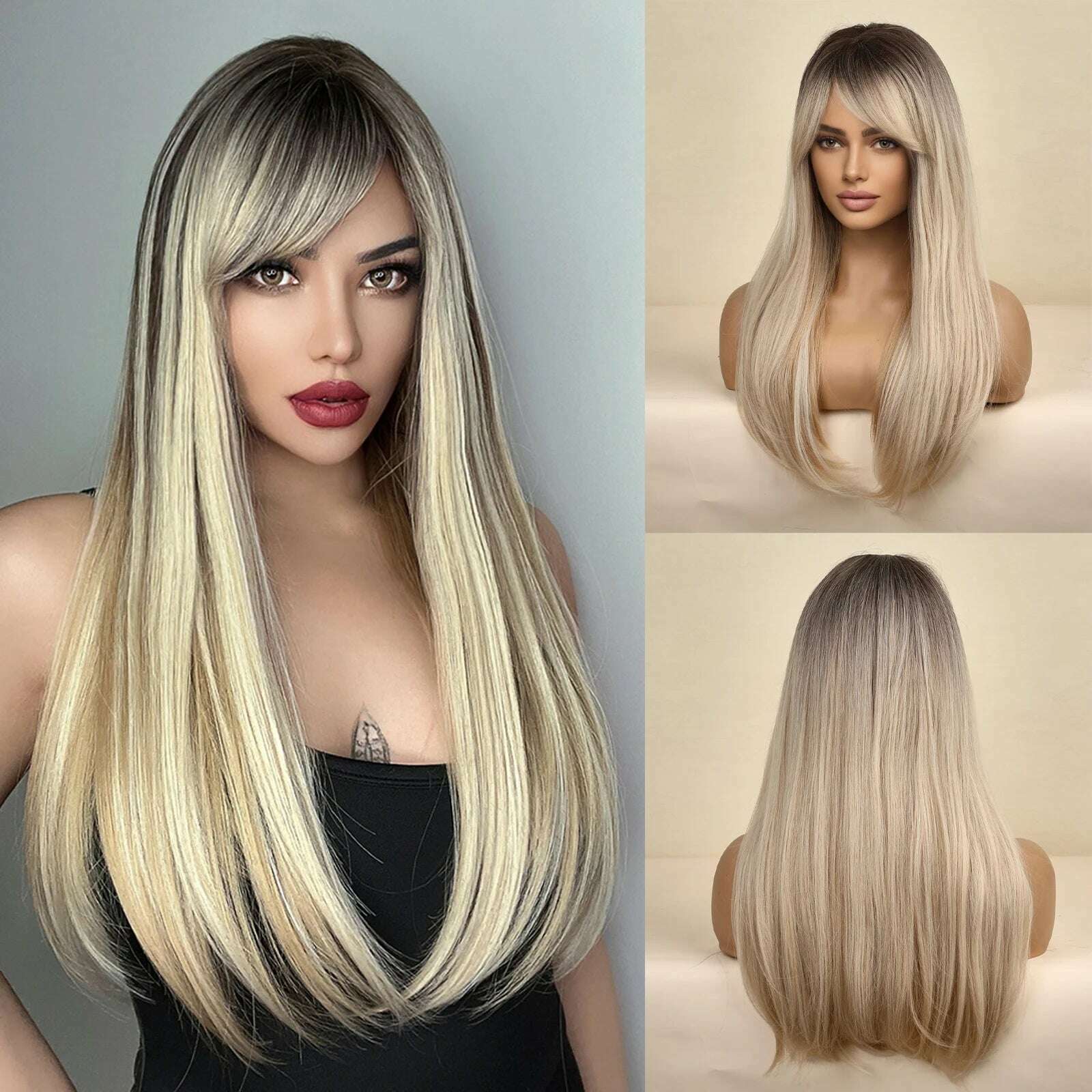 Blonde Unicorn Synthetic Long Wavy Wig Ombre Purple to Blue For WOMEN Cosplay halloween Wigs Heat Resistant Fiber Bangs Hair - KIMLUD