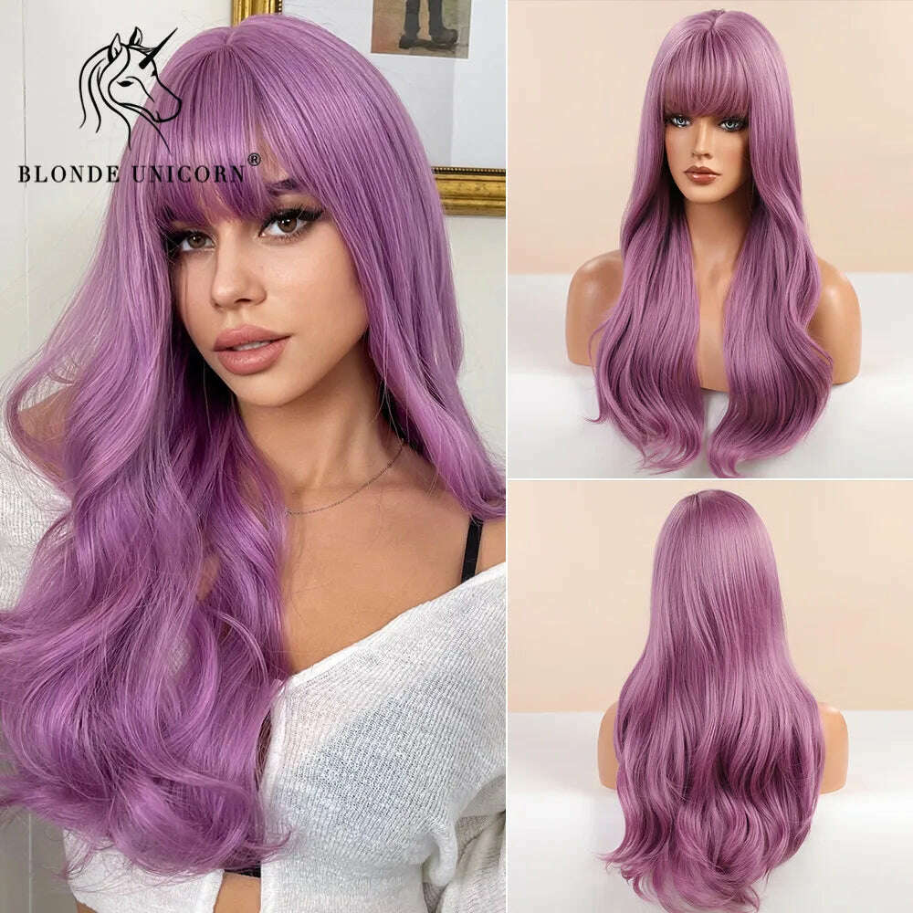 Blonde Unicorn Synthetic Long Wavy Wig Ombre Purple to Blue For WOMEN Cosplay halloween Wigs Heat Resistant Fiber Bangs Hair - KIMLUD