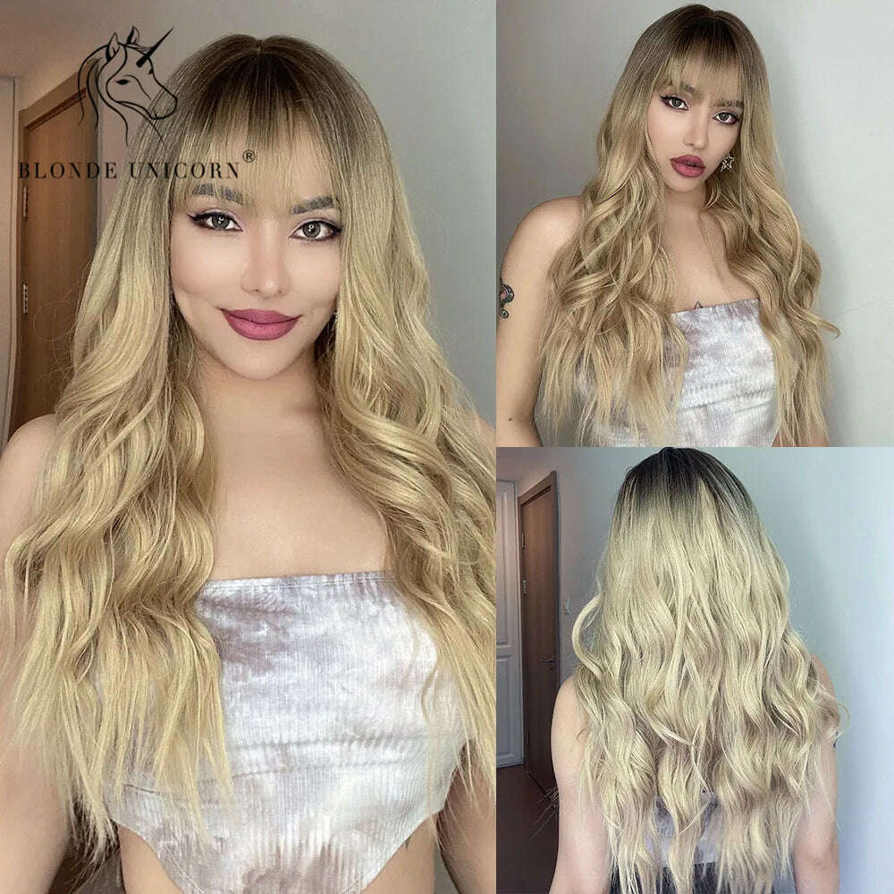 Blonde Unicorn Synthetic Long Wavy Wig Ombre Purple to Blue For WOMEN Cosplay halloween Wigs Heat Resistant Fiber Bangs Hair - KIMLUD