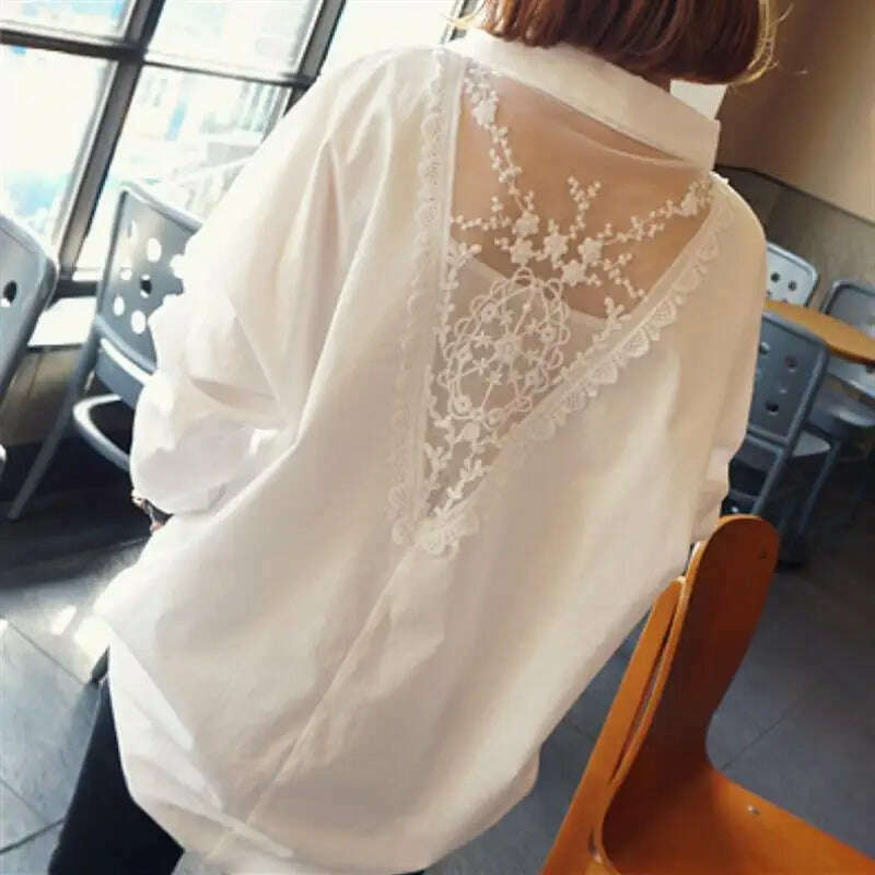 KIMLUD, Blouse Women Shirt Women's Top Sexy Backless Lace Loose Large Size White Shirt Blusas Ropa De Mujer, KIMLUD Womens Clothes