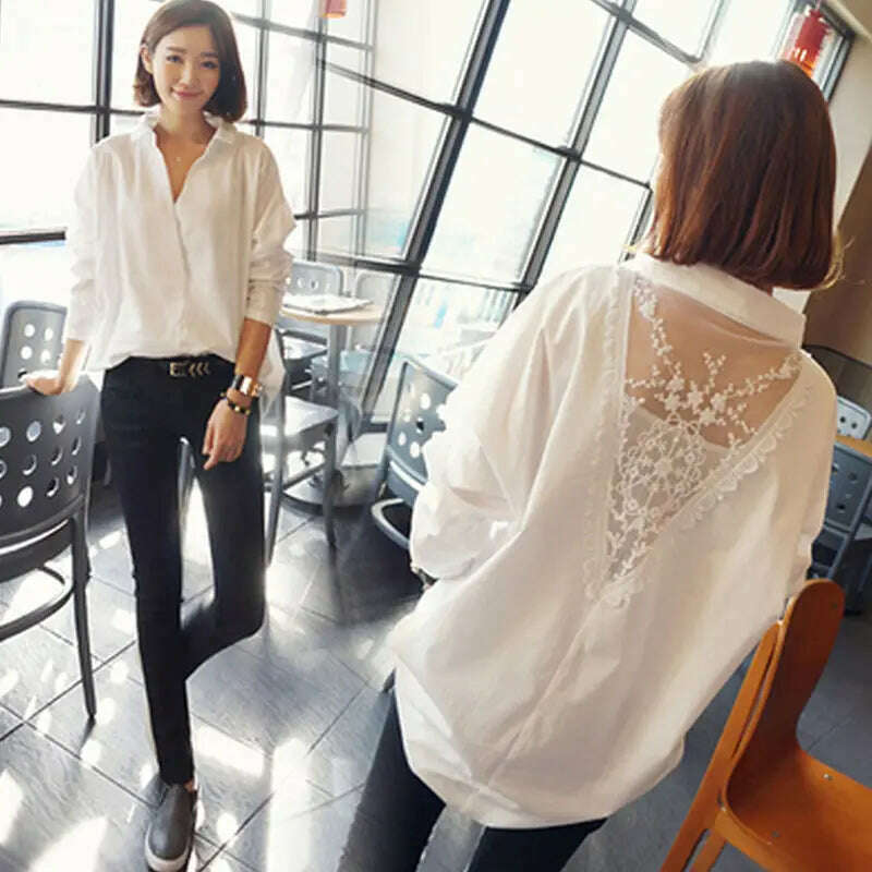 KIMLUD, Blouse Women Shirt Women's Top Sexy Backless Lace Loose Large Size White Shirt Blusas Ropa De Mujer, KIMLUD Womens Clothes