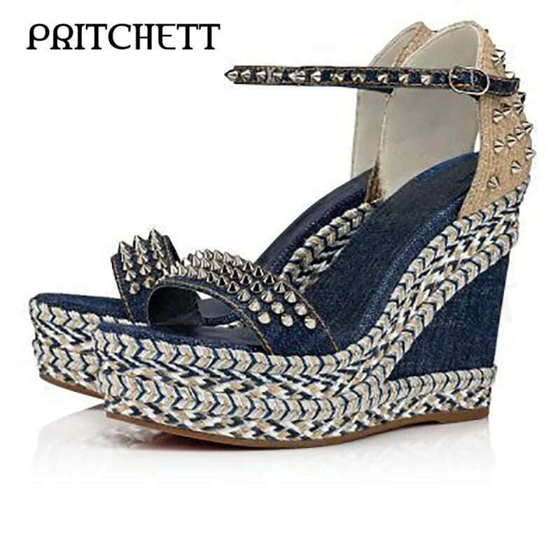 KIMLUD, Blue Denim Woven Wedge Sandals Fashion Rivet Strap Open Toe High Heel Sandals Ankle Buckle Fashion Party Shoes for Women, As Picture-12.5cm / 35, KIMLUD Womens Clothes