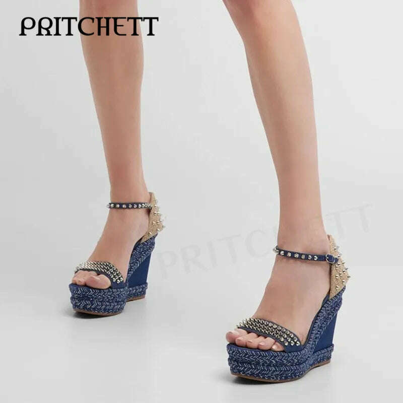 KIMLUD, Blue Denim Woven Wedge Sandals Fashion Rivet Strap Open Toe High Heel Sandals Ankle Buckle Fashion Party Shoes for Women, KIMLUD Womens Clothes