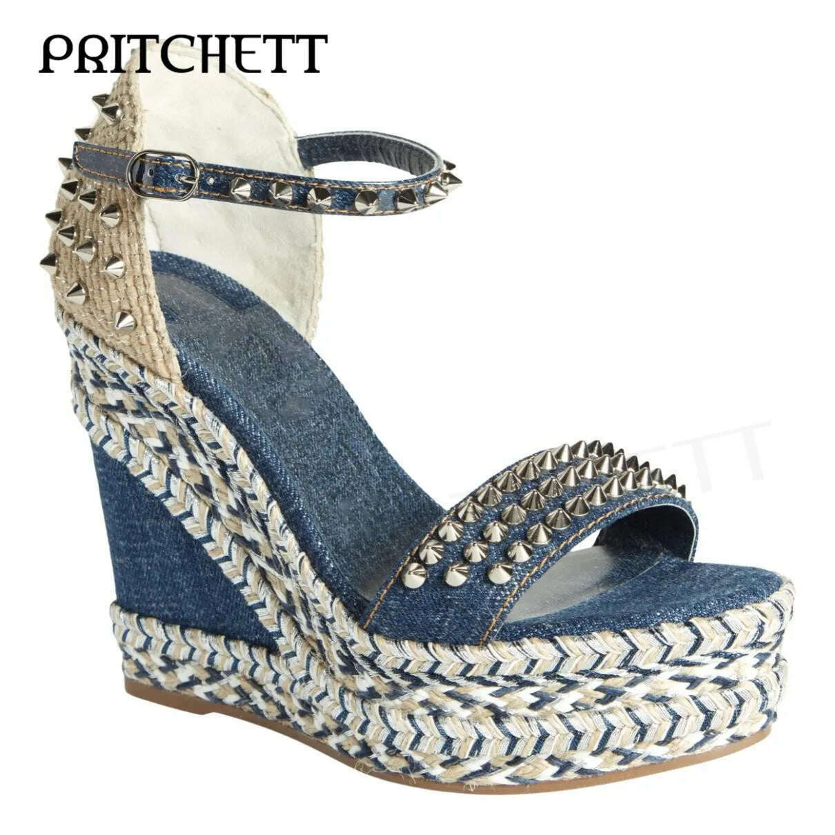 KIMLUD, Blue Denim Woven Wedge Sandals Fashion Rivet Strap Open Toe High Heel Sandals Ankle Buckle Fashion Party Shoes for Women, KIMLUD Womens Clothes