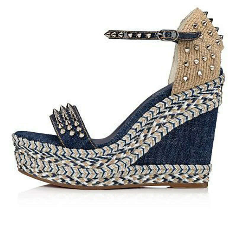 KIMLUD, Blue Denim Woven Wedge Sandals Fashion Rivet Strap Open Toe High Heel Sandals Ankle Buckle Fashion Party Shoes for Women, KIMLUD Womens Clothes