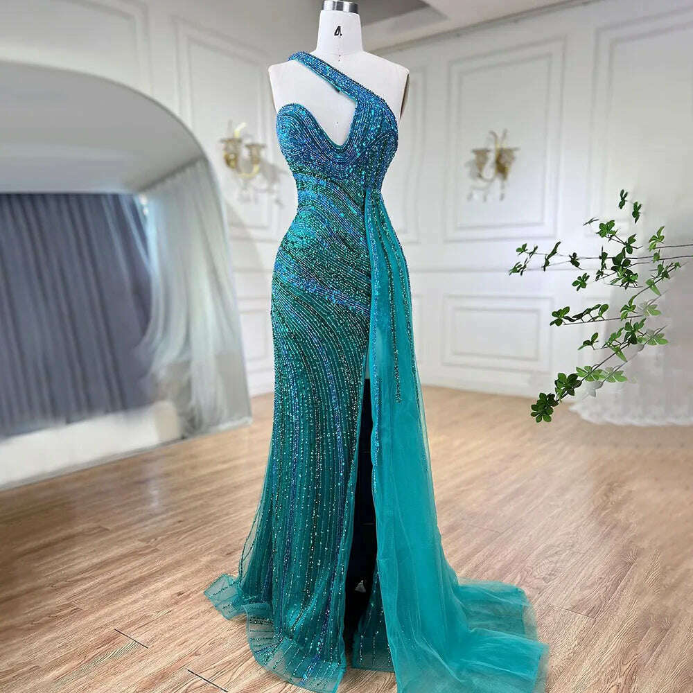 KIMLUD, Blue Green Mermaid Sexy High Split One Shoulder Beaded Long Evening Dresses Gowns For Women Wedding Party BLA72104 Serene Hill, KIMLUD Womens Clothes