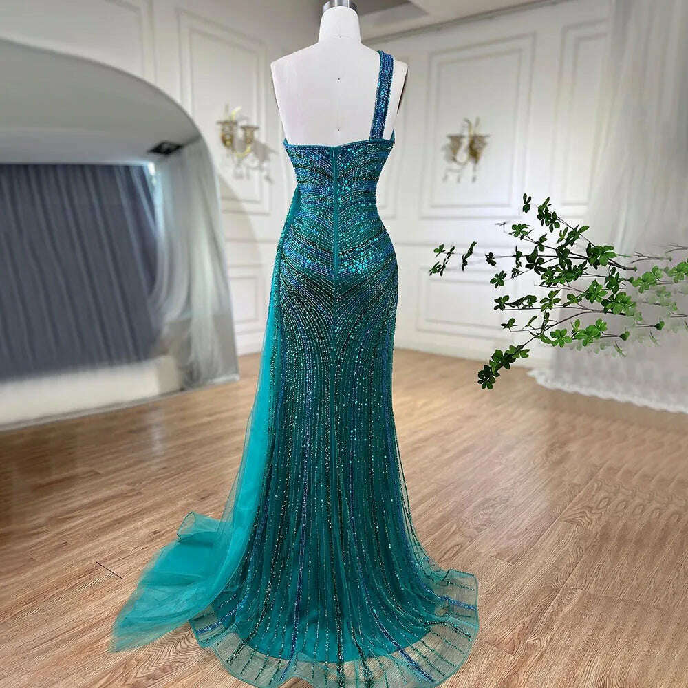 KIMLUD, Blue Green Mermaid Sexy High Split One Shoulder Beaded Long Evening Dresses Gowns For Women Wedding Party BLA72104 Serene Hill, KIMLUD Womens Clothes