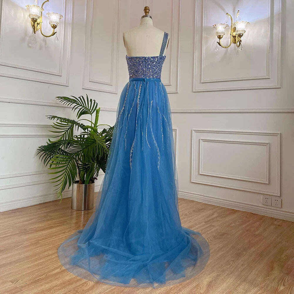 KIMLUD, Blue One Shoulder High Split Mermaid Elegant Beaded With Overskirt Evening Dresses Gowns For Women Party BLA71825 Serene Hill, KIMLUD Womens Clothes