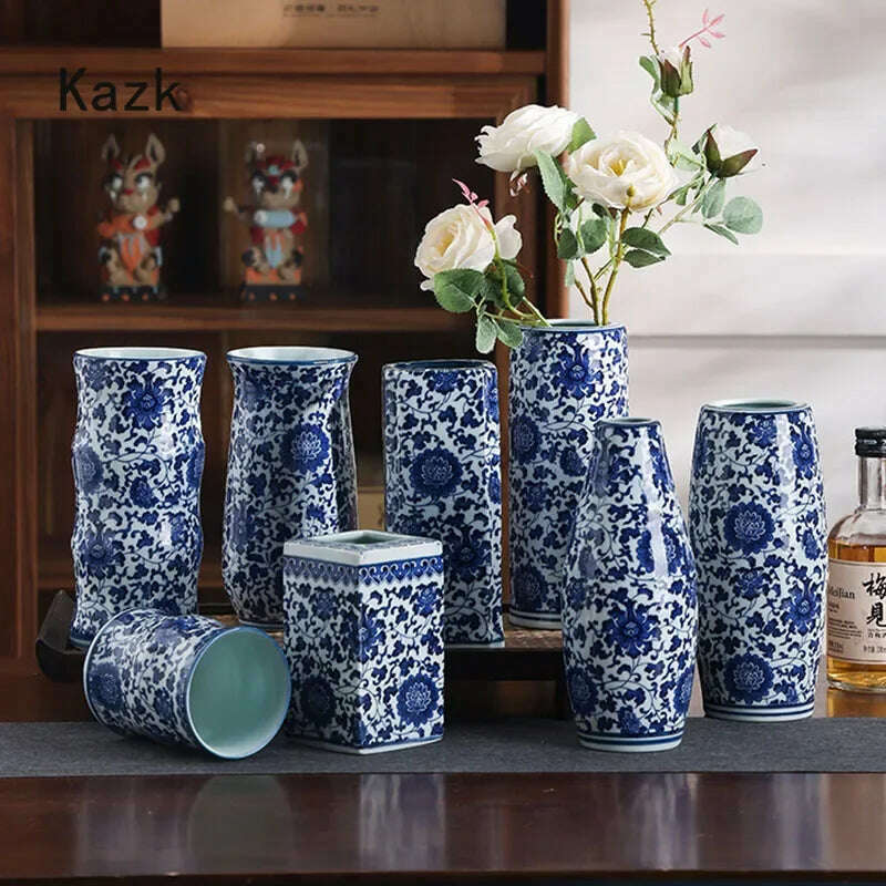 Blue White Ceramic Vase Chinese Style Small Storage Antique Vases Living Room Desktop Straight Cylinder Flower Vase Decor - KIMLUD