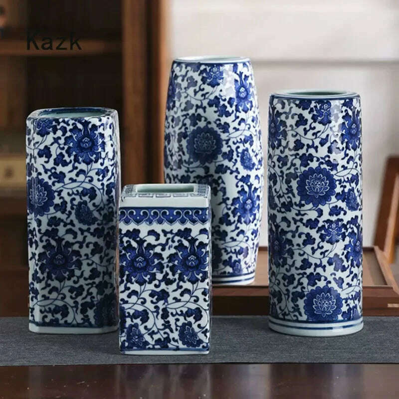 Blue White Ceramic Vase Chinese Style Small Storage Antique Vases Living Room Desktop Straight Cylinder Flower Vase Decor - KIMLUD