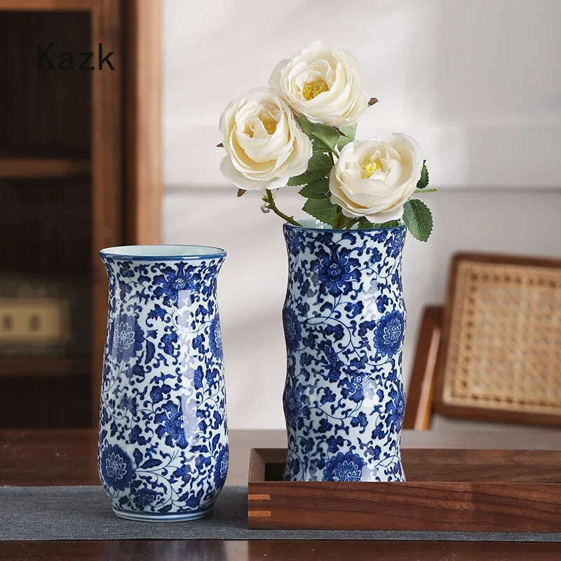 Blue White Ceramic Vase Chinese Style Small Storage Antique Vases Living Room Desktop Straight Cylinder Flower Vase Decor - KIMLUD