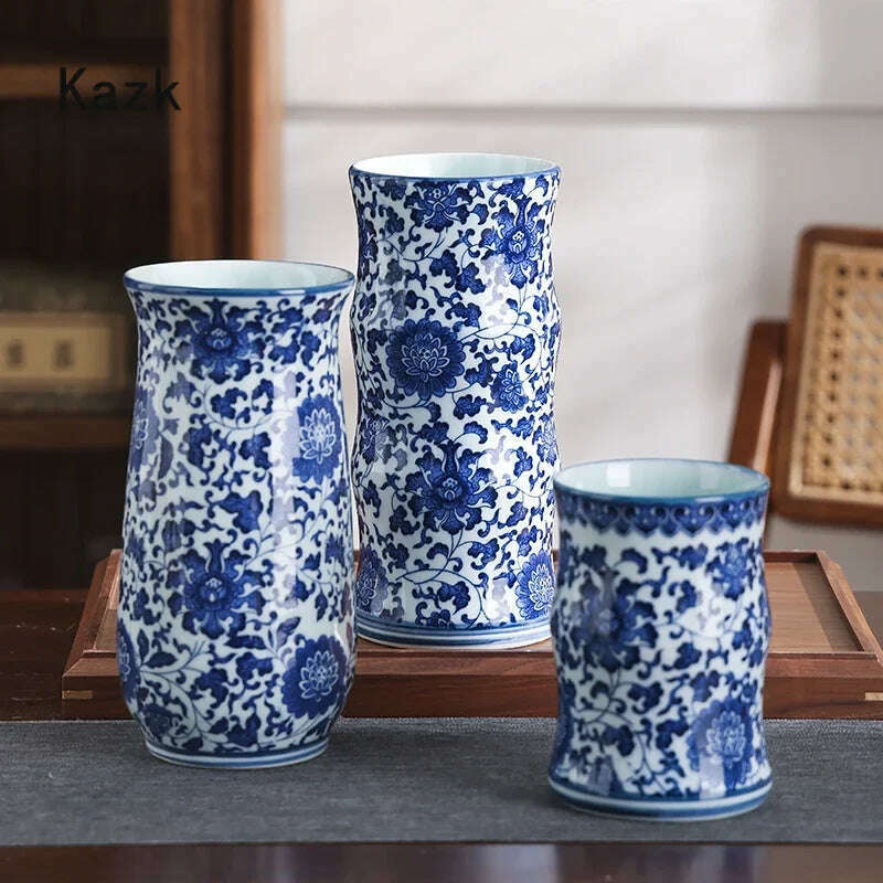 Blue White Ceramic Vase Chinese Style Small Storage Antique Vases Living Room Desktop Straight Cylinder Flower Vase Decor - KIMLUD