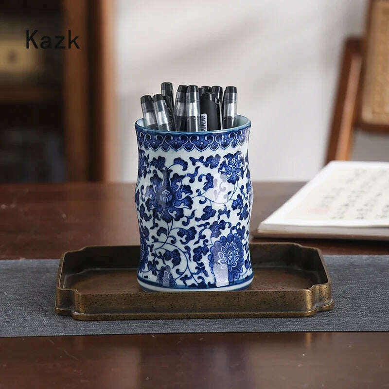 Blue White Ceramic Vase Chinese Style Small Storage Antique Vases Living Room Desktop Straight Cylinder Flower Vase Decor - KIMLUD