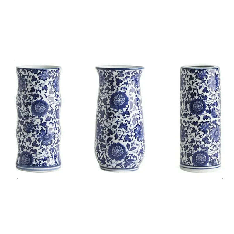 Blue White Ceramic Vase Chinese Style Small Storage Antique Vases Living Room Desktop Straight Cylinder Flower Vase Decor - KIMLUD