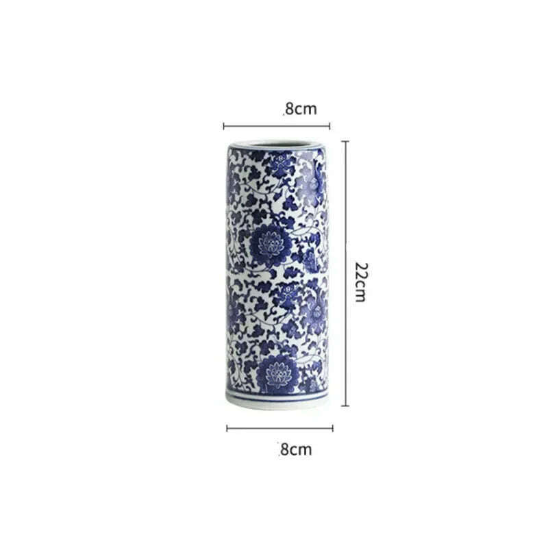 Blue White Ceramic Vase Chinese Style Small Storage Antique Vases Living Room Desktop Straight Cylinder Flower Vase Decor - KIMLUD