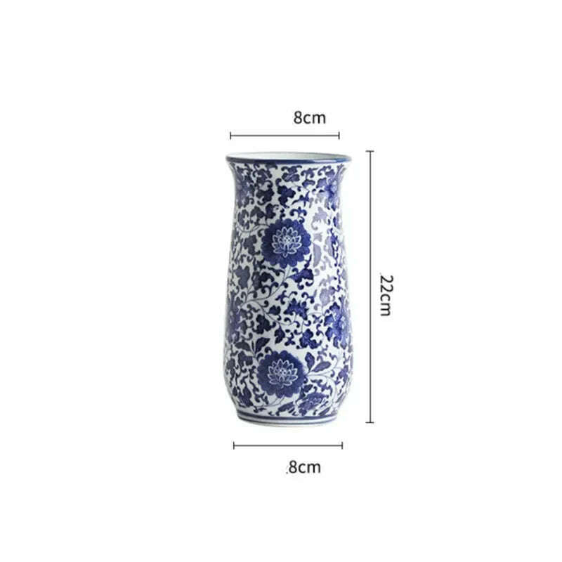 Blue White Ceramic Vase Chinese Style Small Storage Antique Vases Living Room Desktop Straight Cylinder Flower Vase Decor - KIMLUD
