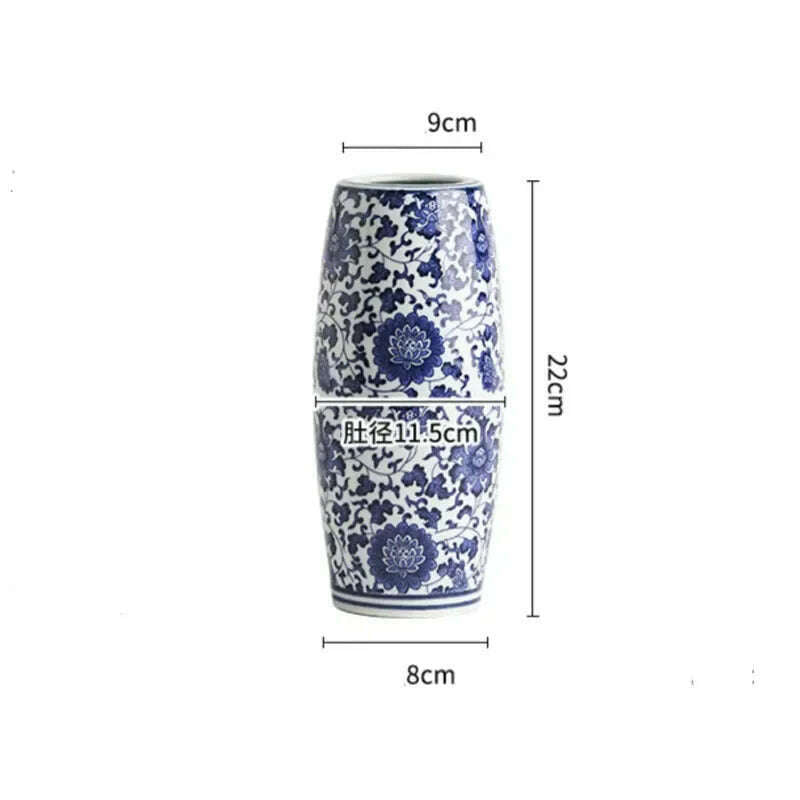 Blue White Ceramic Vase Chinese Style Small Storage Antique Vases Living Room Desktop Straight Cylinder Flower Vase Decor - KIMLUD