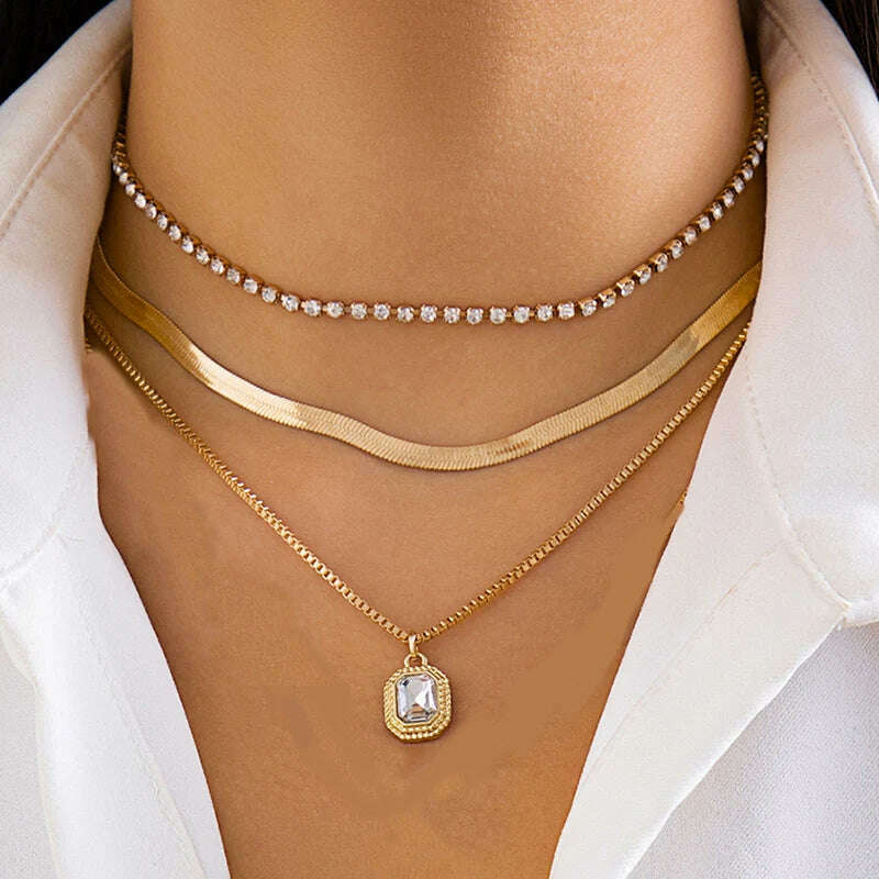 Bohemia Accessories Necklace For Women Trendy Multi-Layer Crystal Cross Lock Heart Pendant Necklaces Set Jewelry Gifts N0391 - KIMLUD