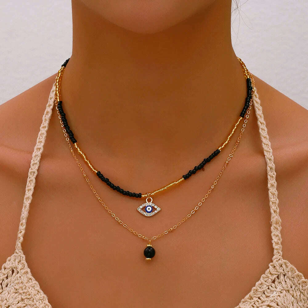 Bohemia Accessories Necklace For Women Trendy Multi-Layer Crystal Cross Lock Heart Pendant Necklaces Set Jewelry Gifts N0391 - KIMLUD