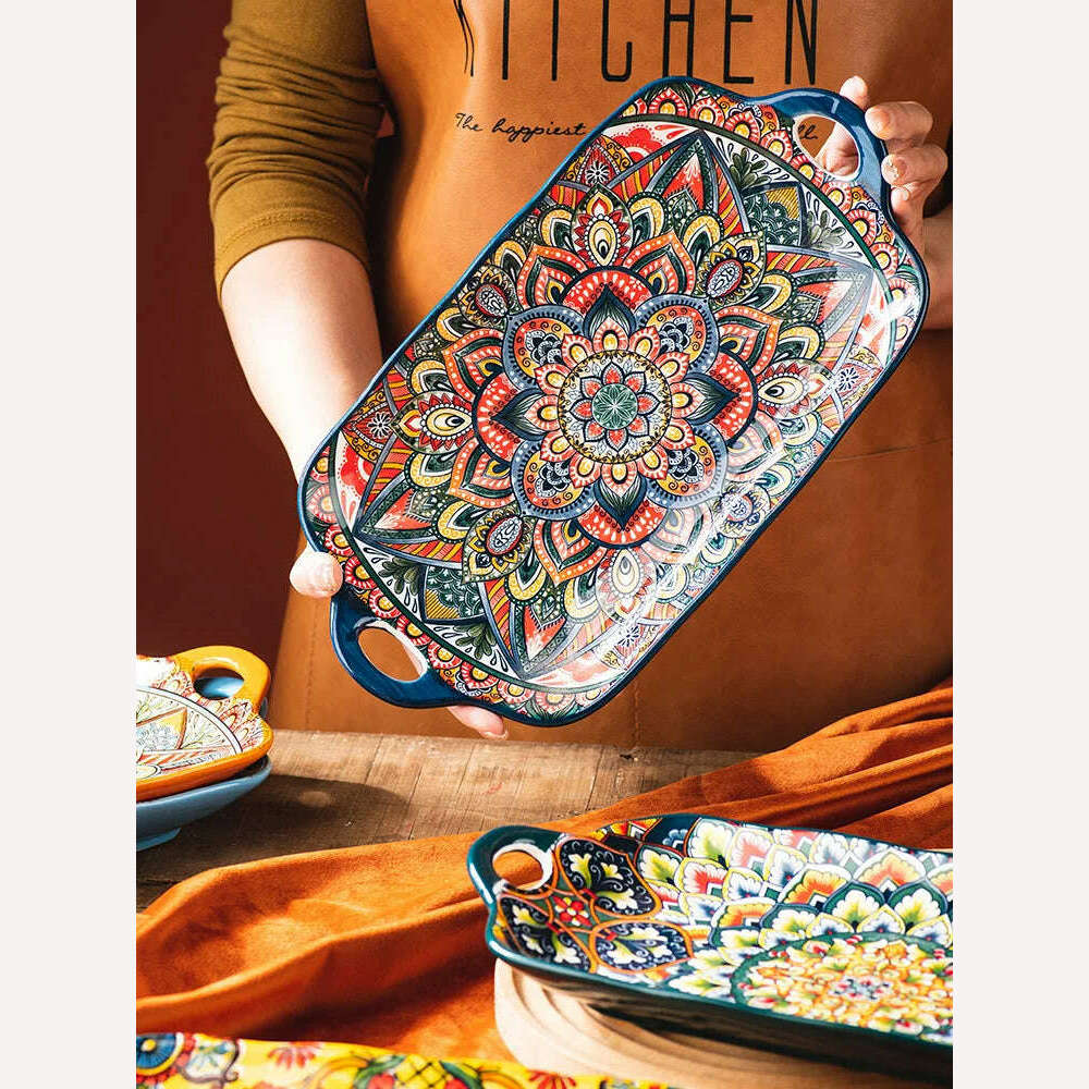 Bohemian Double Ear Kitchen Household Steamed Fish Plate Ceramic Tableware Rectangular Dining Plate Vegetable Plate - KIMLUD