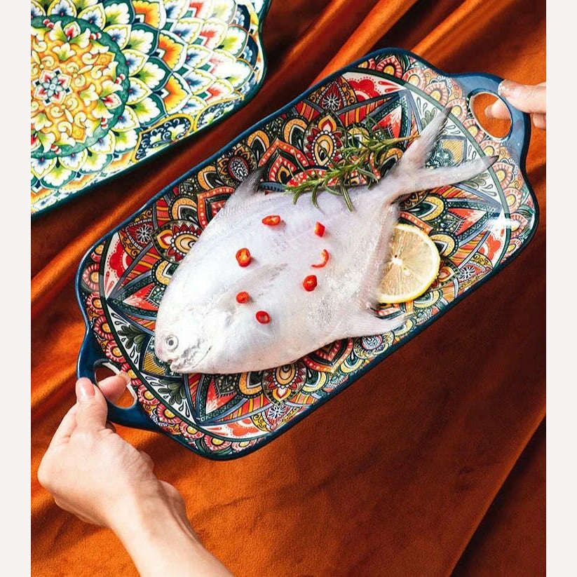 Bohemian Double Ear Kitchen Household Steamed Fish Plate Ceramic Tableware Rectangular Dining Plate Vegetable Plate - KIMLUD