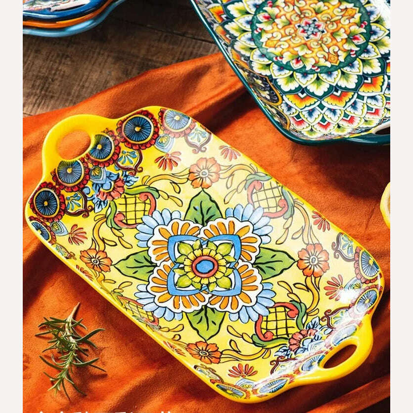 Bohemian Double Ear Kitchen Household Steamed Fish Plate Ceramic Tableware Rectangular Dining Plate Vegetable Plate - KIMLUD