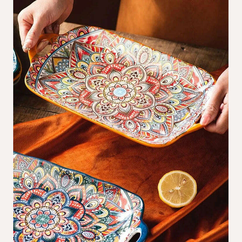 Bohemian Double Ear Kitchen Household Steamed Fish Plate Ceramic Tableware Rectangular Dining Plate Vegetable Plate - KIMLUD