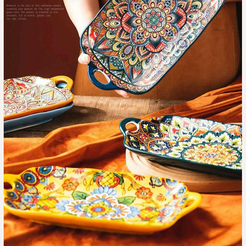 Bohemian Double Ear Kitchen Household Steamed Fish Plate Ceramic Tableware Rectangular Dining Plate Vegetable Plate - KIMLUD