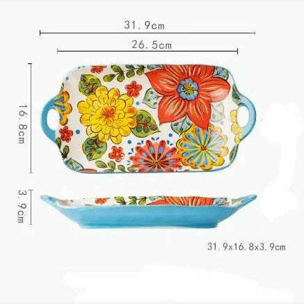 Bohemian Double Ear Kitchen Household Steamed Fish Plate Ceramic Tableware Rectangular Dining Plate Vegetable Plate - KIMLUD