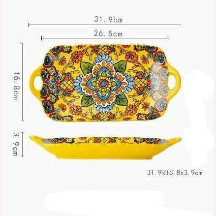 Bohemian Double Ear Kitchen Household Steamed Fish Plate Ceramic Tableware Rectangular Dining Plate Vegetable Plate - KIMLUD