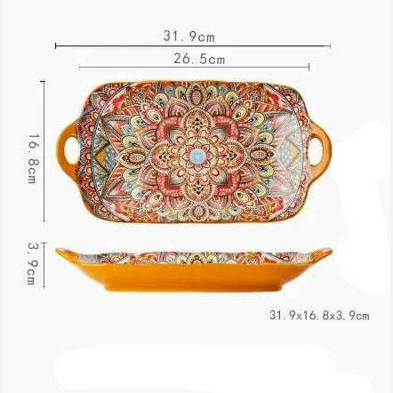 Bohemian Double Ear Kitchen Household Steamed Fish Plate Ceramic Tableware Rectangular Dining Plate Vegetable Plate - KIMLUD