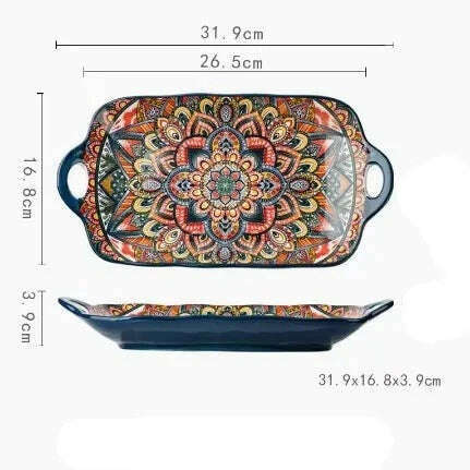 Bohemian Double Ear Kitchen Household Steamed Fish Plate Ceramic Tableware Rectangular Dining Plate Vegetable Plate - KIMLUD