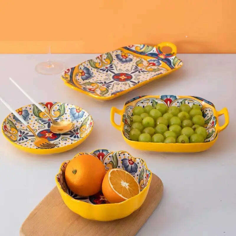 Bohemian Style Ceramic Tableware Combination Set High Color Household Ceramic Rice Bowl Vegetable Plate Noodle Bowl - KIMLUD
