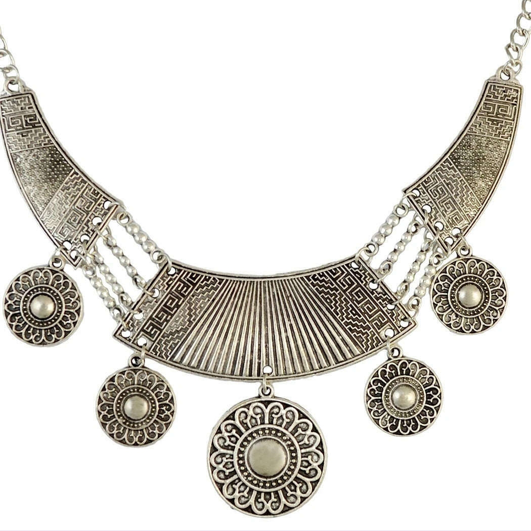 Bohemian Vintage Tibatan Silvery Alloy Carved Flower Round Plates Coins Choker Necklace for Women Gypsy Ethnic Necklaces Jewelry - KIMLUD