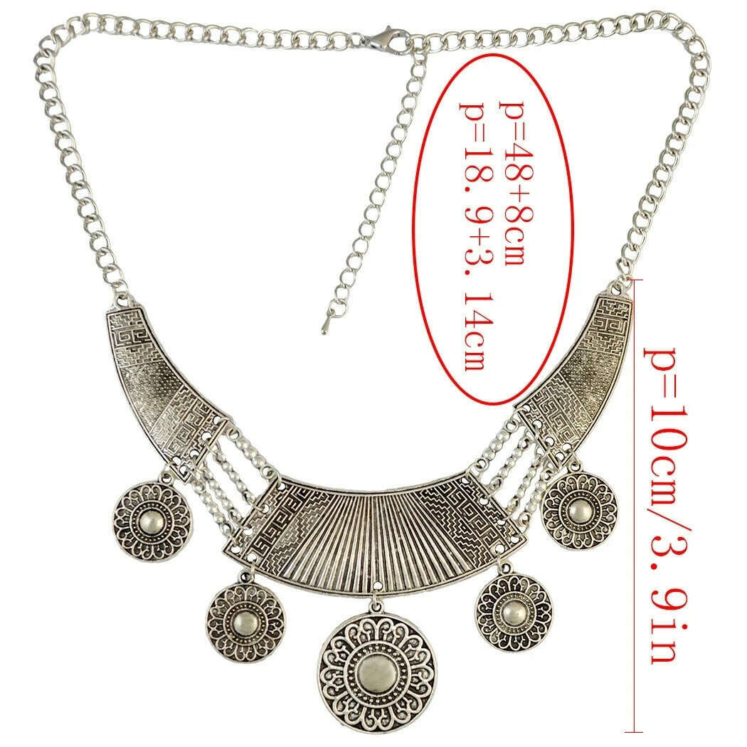 Bohemian Vintage Tibatan Silvery Alloy Carved Flower Round Plates Coins Choker Necklace for Women Gypsy Ethnic Necklaces Jewelry - KIMLUD