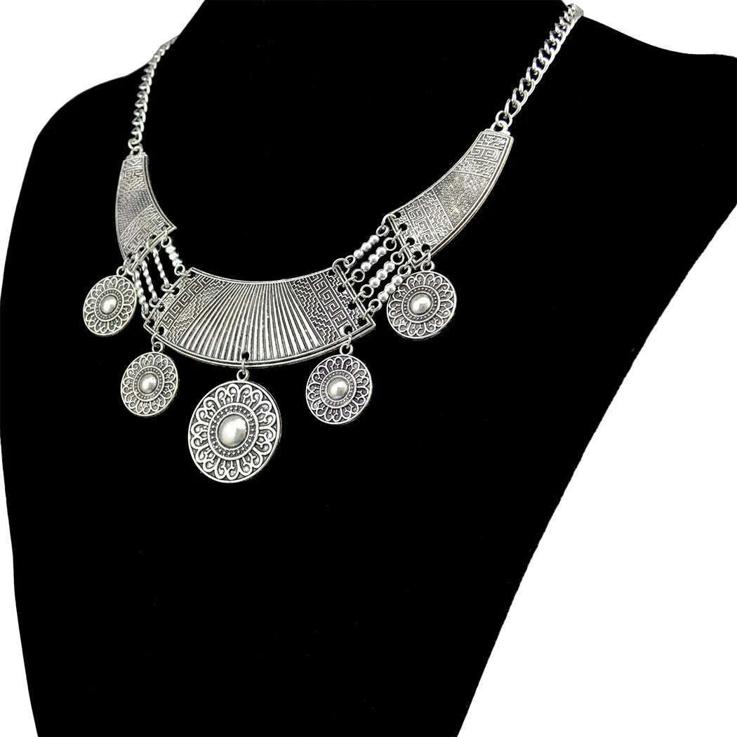 Bohemian Vintage Tibatan Silvery Alloy Carved Flower Round Plates Coins Choker Necklace for Women Gypsy Ethnic Necklaces Jewelry - KIMLUD