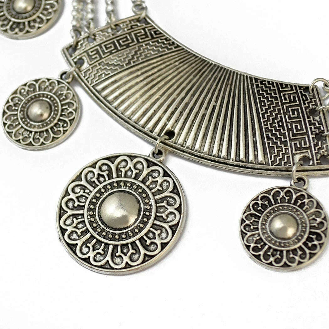 Bohemian Vintage Tibatan Silvery Alloy Carved Flower Round Plates Coins Choker Necklace for Women Gypsy Ethnic Necklaces Jewelry - KIMLUD