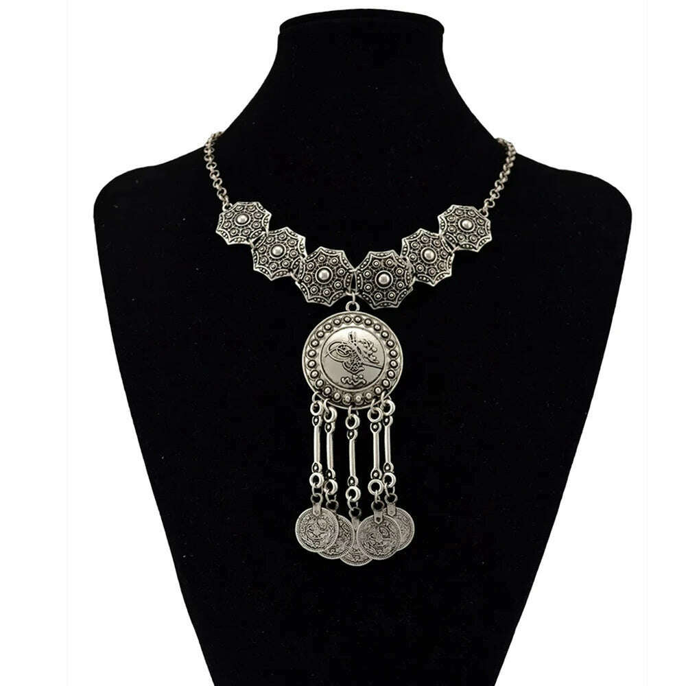 Bohemian Vintage Tibatan Silvery Alloy Carved Flower Round Plates Coins Choker Necklace for Women Gypsy Ethnic Necklaces Jewelry - KIMLUD