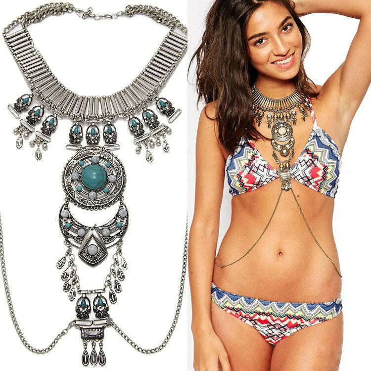Bohemian Vintage Women's Necklace Gems Exaggerate Ethnic Traditional Necklace Accessories Long Tassels Jewelry Gifts - KIMLUD