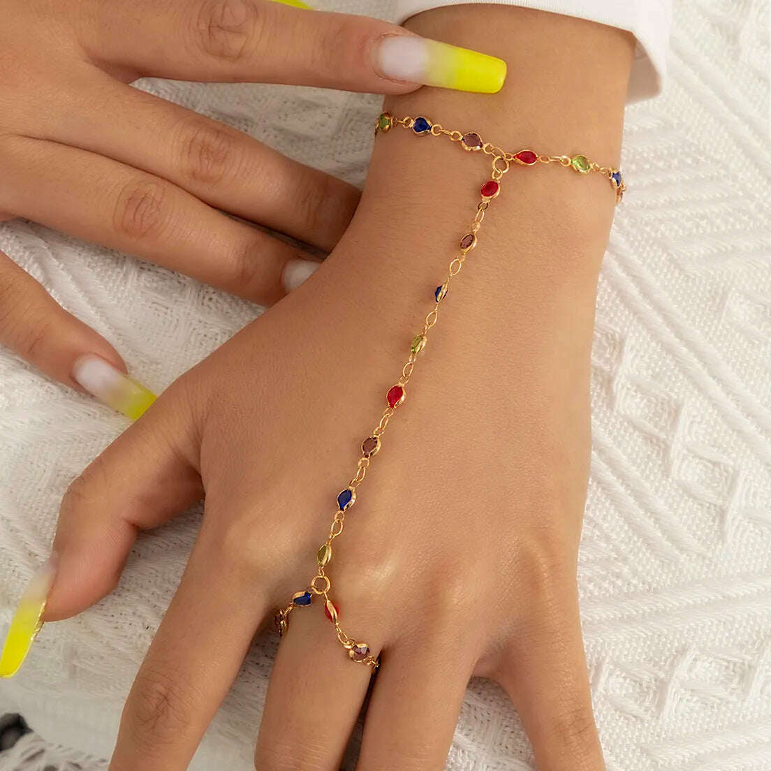 Boho Creative Simple Crystal Finger Bracelet For Women Gold Color Link Chains Connecting Hand Harness Bangles Y2K Jewelry Gift - KIMLUD