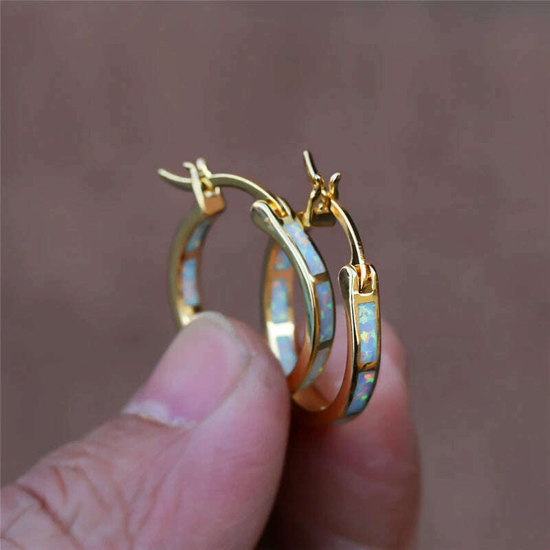 Boho Female Blue White Opal Jewelry Yellow Gold Color Wedding Earrings For Women Vintage Bride Round Big Hoop Earring - KIMLUD