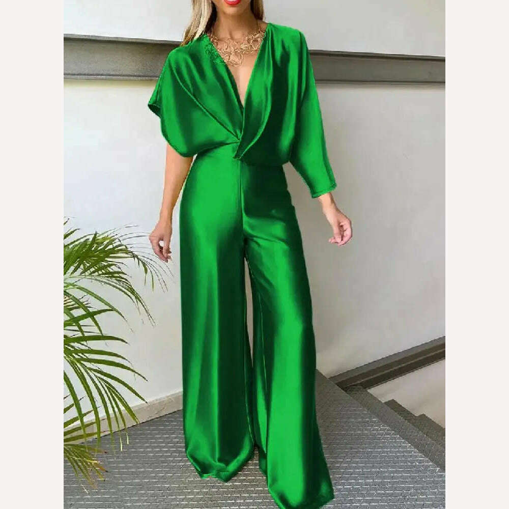 KIMLUD, Bohohipei Female Fashion Asymmetric Solid Color Deep V-Neck V-Back Prom Jump Suits 2024 New Summer Elegant Party Jump Suits, KIMLUD Womens Clothes