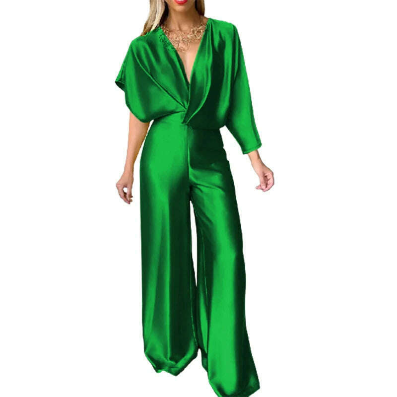 KIMLUD, Bohohipei Female Fashion Asymmetric Solid Color Deep V-Neck V-Back Prom Jump Suits 2024 New Summer Elegant Party Jump Suits, KIMLUD Womens Clothes