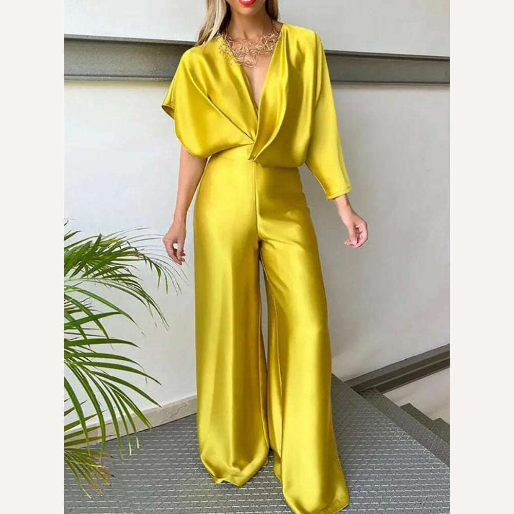KIMLUD, Bohohipei Female Fashion Asymmetric Solid Color Deep V-Neck V-Back Prom Jump Suits 2024 New Summer Elegant Party Jump Suits, KIMLUD Womens Clothes